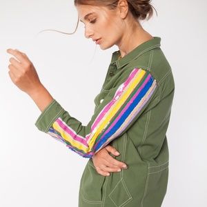 Green Denim w Colorful Sequins Silver Buttons Shirt Jacket